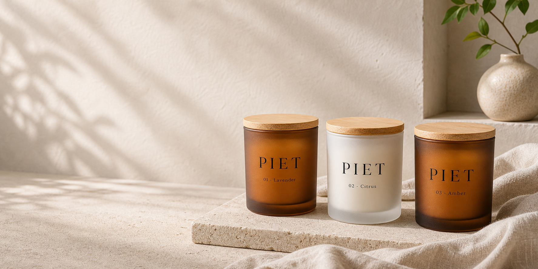 Drei PIET Duftkerzen: 01 - Lavender, 02 - Citrus und 03 - Amber im White- und Amber-Frostglas mit Bambusdeckeln